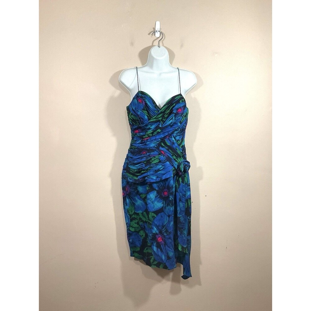 VTG Ruched Floral Midi Cocktail Dress S Blue 90s Party Tropical Prom Homecoming